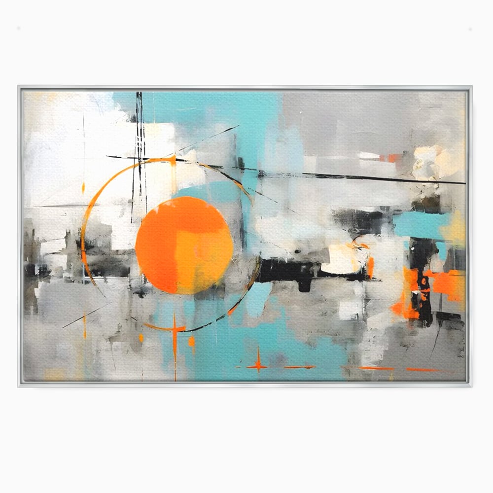 Tablou canvas cu pictura abstracta cu cerc portocaliu, in rama de aluminiu argintiu